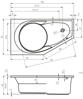 YUKON 160x90, R Ванна акриловая асимметричная RIHO